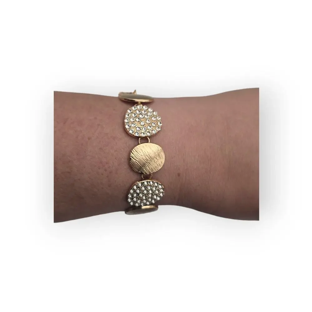 Gold Disc Bracelet with Pavé Rhinestone Stations – Textured Modern Chic